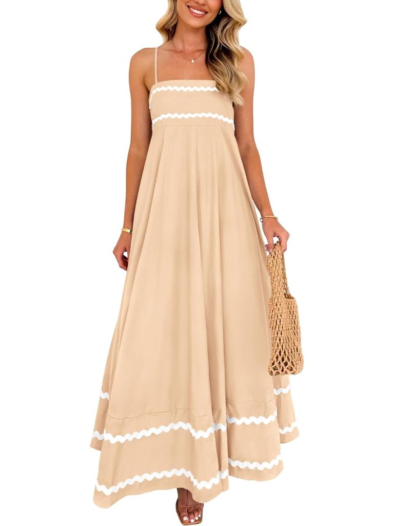 Women's Beige Summer Flowy Maxi Dress Casual Sleeveless Spaghetti Strap Dress